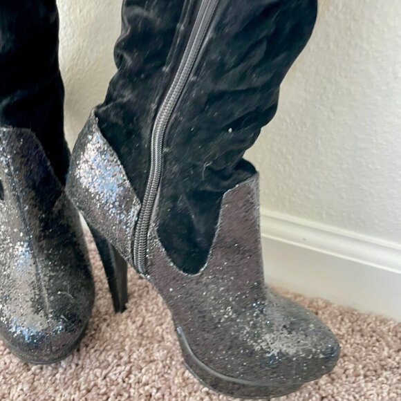 Michael Antonio knee Boots glitter faux suede Sz 5.5  Heels Baddie - Picture 9 of 12